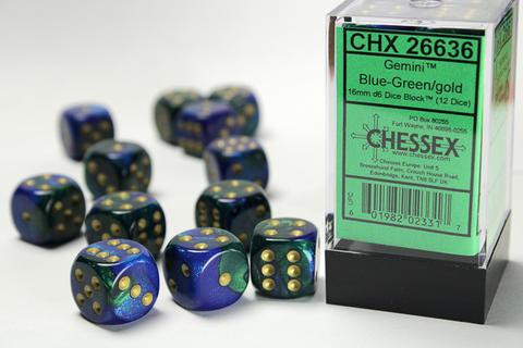 Chessex Würfel W6x12 Gemini: blue-green / gold