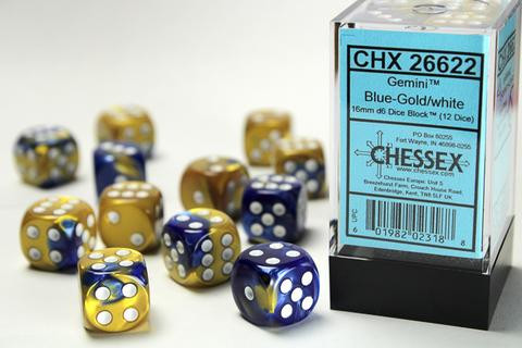Chessex Würfel W6x12 Gemini: blue-gold / white