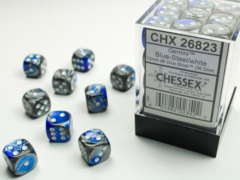 Chessex Würfel W6x36 Gemini: blue-silver / white