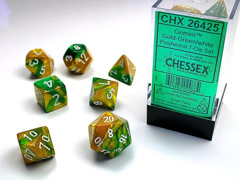 Chessex Würfel 7-er Mix Gemini: gold-green / white