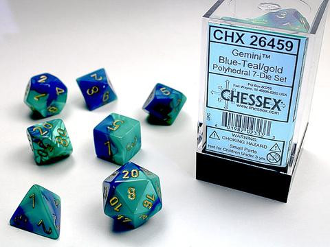 Chessex 7-er Mix Gemini: blue-teal / gold
